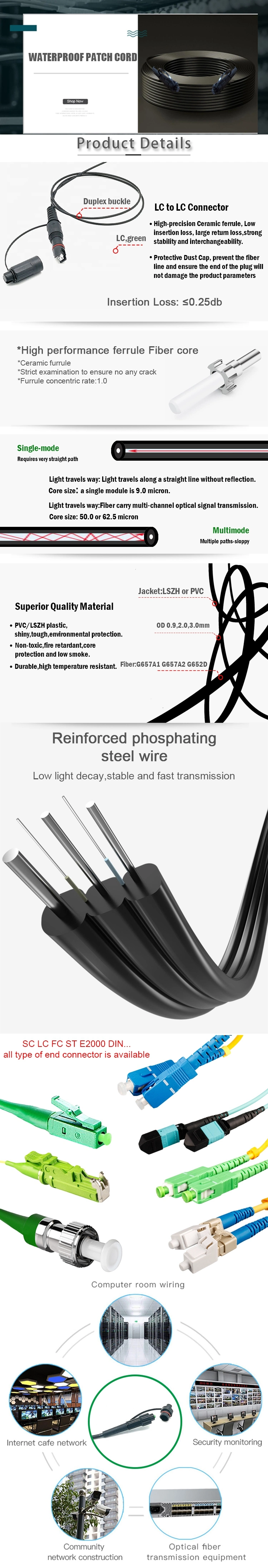 Gcabling Sc LC Upc APC Patchcord Sx Core IP67 IP68 Fiber Optic Patchcord Outdoor Fibra Optique Patch Cable Pigtail